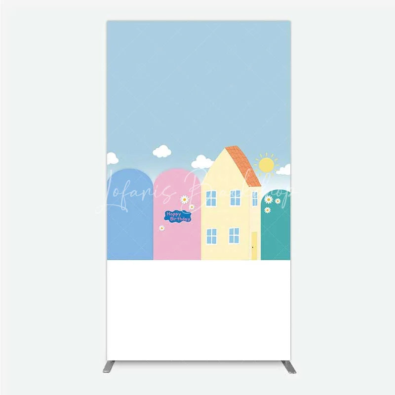 Lofaris Happy Birthday Cartoon Houses Rectangle Backdrop Simple Blue Sky with Sun and Clouds Background Kids Cute Town Party Decor