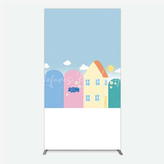Lofaris Happy Birthday Cartoon Houses Rectangle Backdrop Simple Blue Sky with Sun and Clouds Background Kids Cute Town Party Decor