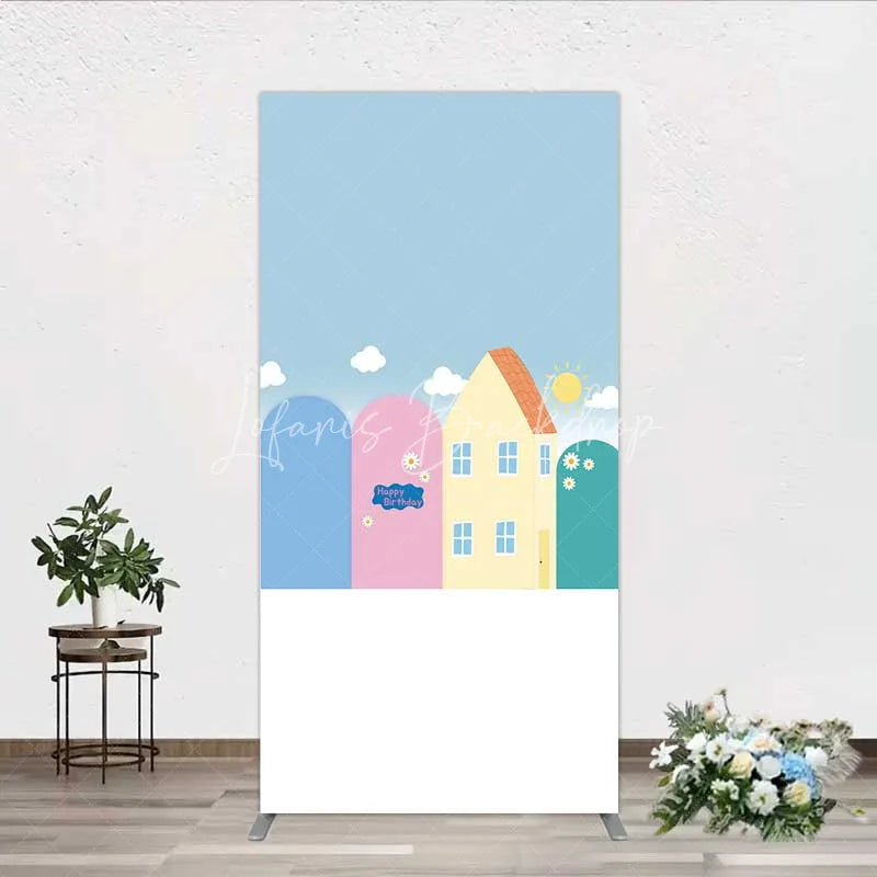 Lofaris Happy Birthday Cartoon Houses Rectangle Backdrop Simple Blue Sky with Sun and Clouds Background Kids Cute Town Party Decor