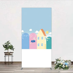 Lofaris Happy Birthday Cartoon Houses Rectangle Backdrop Simple Blue Sky with Sun and Clouds Background Kids Cute Town Party Decor