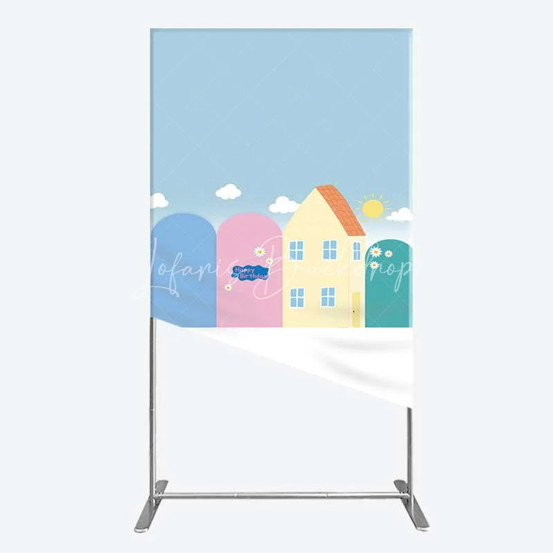 Lofaris Happy Birthday Cartoon Houses Rectangle Backdrop Simple Blue Sky with Sun and Clouds Background Kids Cute Town Party Decor