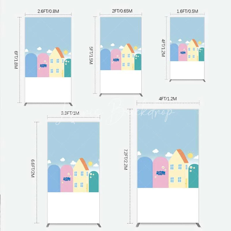 Lofaris Happy Birthday Cartoon Houses Rectangle Backdrop Simple Blue Sky with Sun and Clouds Background Kids Cute Town Party Decor