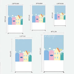 Lofaris Happy Birthday Cartoon Houses Rectangle Backdrop Simple Blue Sky with Sun and Clouds Background Kids Cute Town Party Decor
