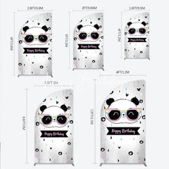 Lofaris Happy Birthday Cartoon Panda Half Moon Arch Backdrop with Rainbow Sunglasses Silver Textured Background Party Decor