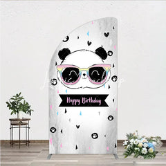 Lofaris Happy Birthday Cartoon Panda Half Moon Arch Backdrop with Rainbow Sunglasses Silver Textured Background Party Decor