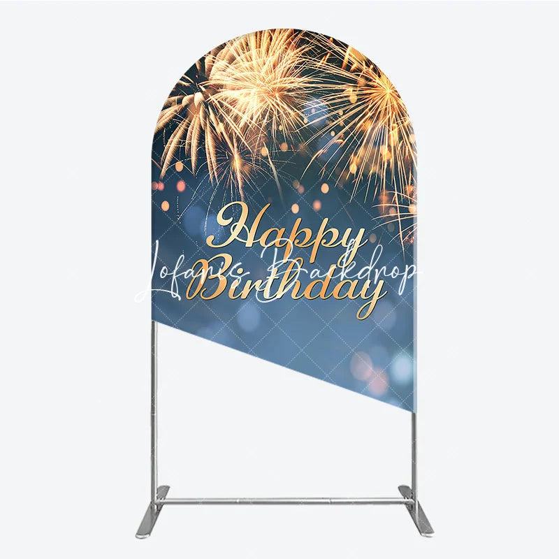 Lofaris Happy Birthday Golden Sparkling Bursts Round Top Arch Backdrop Blue Elegant Party Decoration