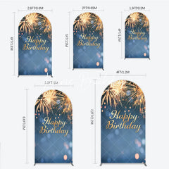 Lofaris Happy Birthday Golden Sparkling Bursts Round Top Arch Backdrop Blue Elegant Party Decoration
