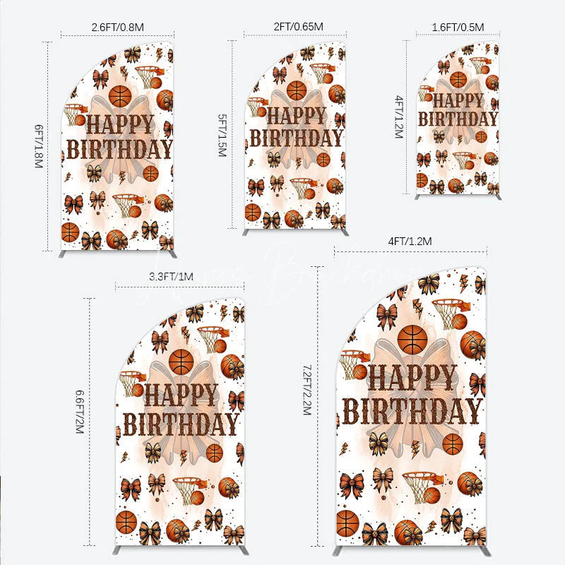 Lofaris Happy Birthday Half Moon Arch Backdrop Basketballs or Bows Gender Reveal He She Sports Theme Party Decor