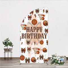 Lofaris Happy Birthday Half Moon Arch Backdrop Basketballs or Bows Gender Reveal He She Sports Theme Party Decor