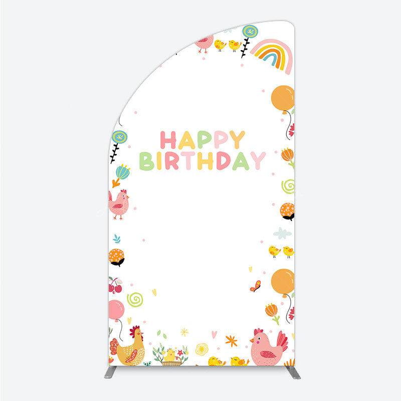 Lofaris Happy Birthday Half Moon Arch Backdrop for Kids Cute Farm Friends with Chicken and Chicks Sunshine Rainbow Party Prop