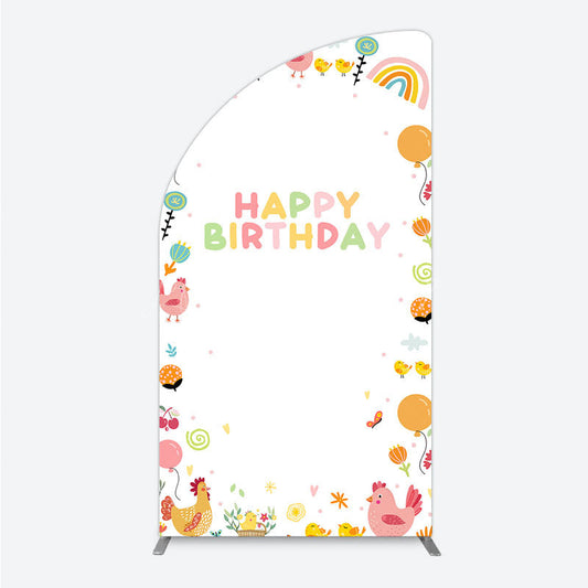 Lofaris Happy Birthday Half Moon Arch Backdrop for Kids Cute Farm Friends with Chicken and Chicks Sunshine Rainbow Party Prop