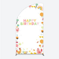 Lofaris Happy Birthday Half Moon Arch Backdrop for Kids Cute Farm Friends with Chicken and Chicks Sunshine Rainbow Party Prop