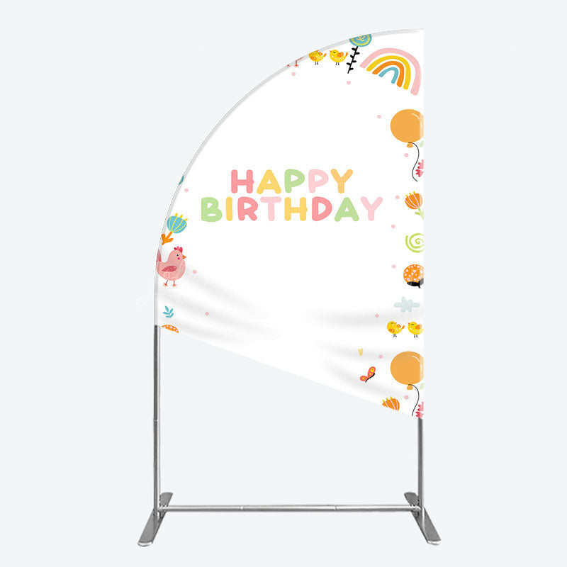 Lofaris Happy Birthday Half Moon Arch Backdrop for Kids Cute Farm Friends with Chicken and Chicks Sunshine Rainbow Party Prop