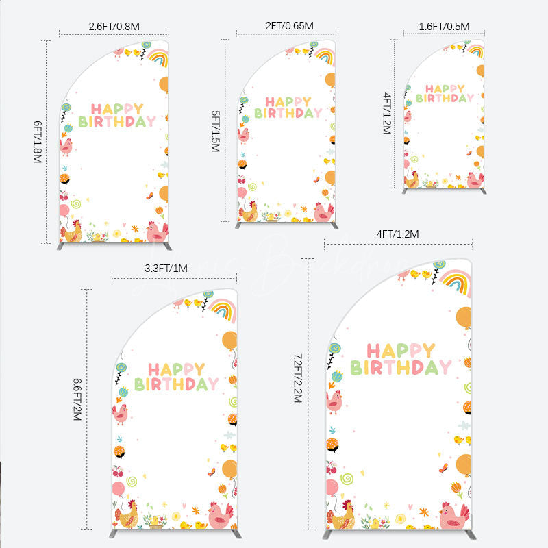 Lofaris Happy Birthday Half Moon Arch Backdrop for Kids Cute Farm Friends with Chicken and Chicks Sunshine Rainbow Party Prop