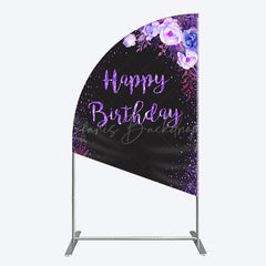 Lofaris Happy Birthday Half Moon Arch Backdrop for Women Black and Purple Glitter with Floral Elegant Milestone Party Photo Prop