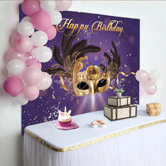 Lofaris Happy Birthday Masquerade Mask Backdrop Purple and Gold Glitter Rose Party Background Royal Venetian Prom Decorations