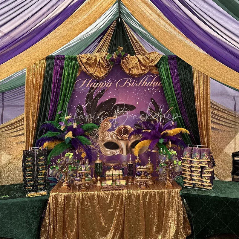 Lofaris Happy Birthday Masquerade Mask Backdrop Purple and Gold Glitter Rose Party Background Royal Venetian Prom Decorations