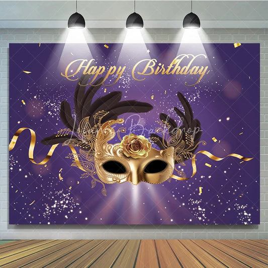 Lofaris Happy Birthday Masquerade Mask Backdrop Purple and Gold Glitter Rose Party Background Royal Venetian Prom Decorations