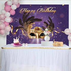 Lofaris Happy Birthday Masquerade Mask Backdrop Purple and Gold Glitter Rose Party Background Royal Venetian Prom Decorations