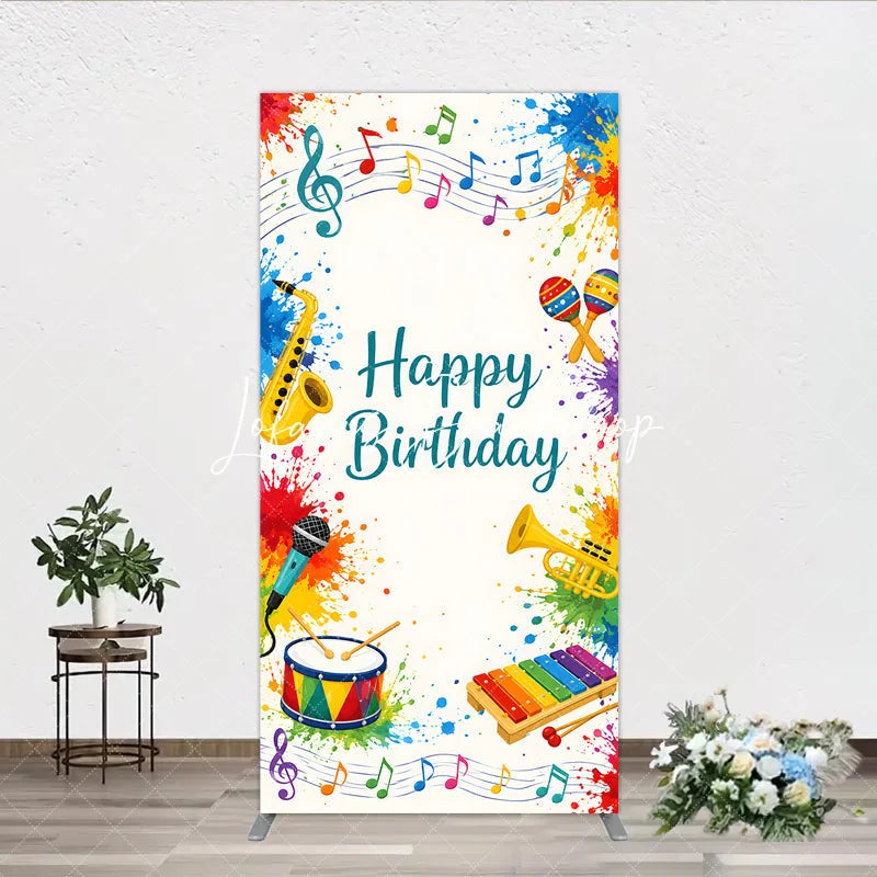 Lofaris Happy Birthday Musical Instruments Rectangle Arch Backdrop Vibrant Colorful Paint Splatters Party Decor