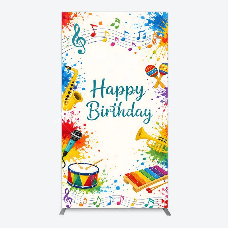 Lofaris Happy Birthday Musical Instruments Rectangle Arch Backdrop Vibrant Colorful Paint Splatters Party Decor