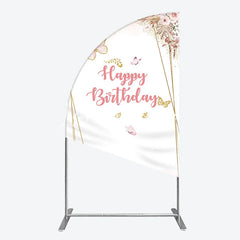 Lofaris Happy Birthday Pink Gold Butterfly Half Moon Arch Backdrop Elegant Bohemian Floral Decor.