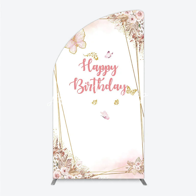 Lofaris Happy Birthday Pink Gold Butterfly Half Moon Arch Backdrop Elegant Bohemian Floral Decor.
