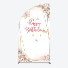 Lofaris Happy Birthday Pink Gold Butterfly Half Moon Arch Backdrop Elegant Bohemian Floral Decor.