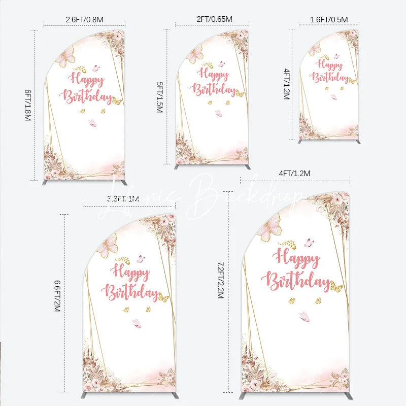 Lofaris Happy Birthday Pink Gold Butterfly Half Moon Arch Backdrop Elegant Bohemian Floral Decor.