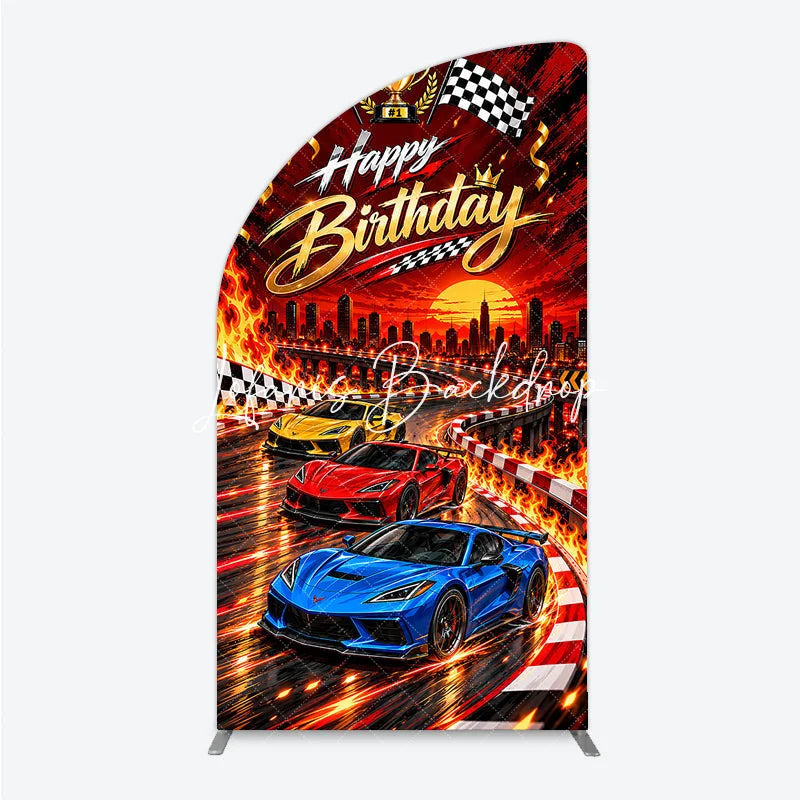 Lofaris Happy Birthday Racing Car Half Moon Arch Backdrop Dynamic Checkered Flags and Trophy Sunset City Race Party Decor