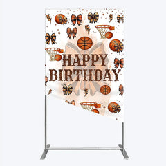 Lofaris Happy Birthday Rectangle Backdrop Basketballs or Bows Gender Reveal He She Sports Theme Party Decor