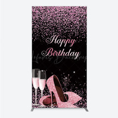 Lofaris Happy Birthday Rectangle Backdrop for Her Pink Glitter High Heels and Champagne Fabulous Women’s Party Photo Prop