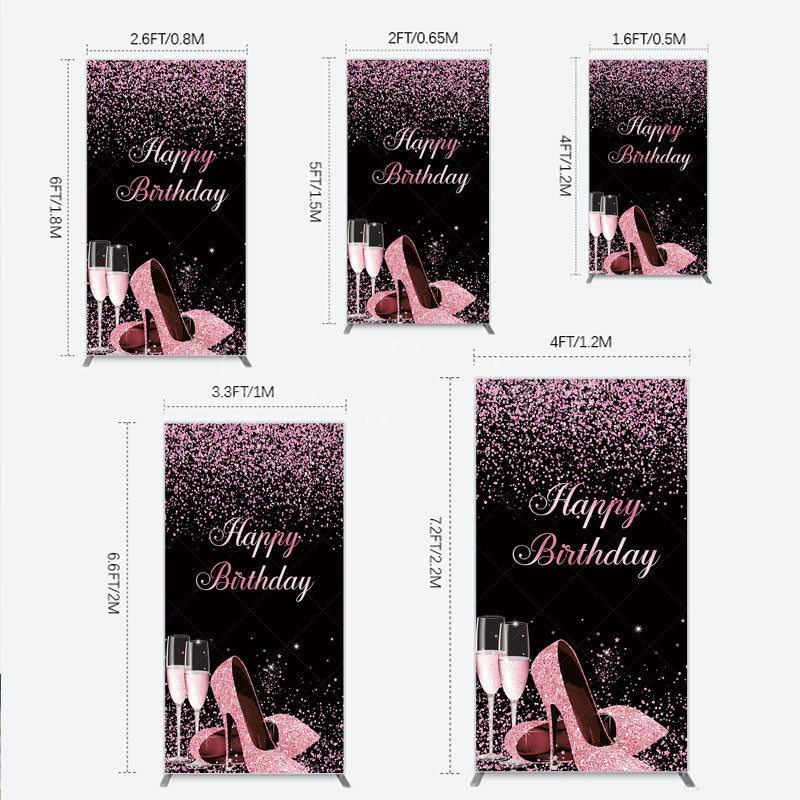 Lofaris Happy Birthday Rectangle Backdrop for Her Pink Glitter High Heels and Champagne Fabulous Women’s Party Photo Prop