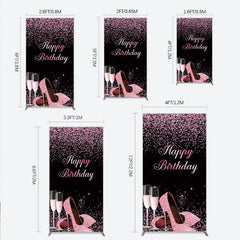 Lofaris Happy Birthday Rectangle Backdrop for Her Pink Glitter High Heels and Champagne Fabulous Women’s Party Photo Prop