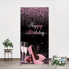 Lofaris Happy Birthday Rectangle Backdrop for Her Pink Glitter High Heels and Champagne Fabulous Women’s Party Photo Prop