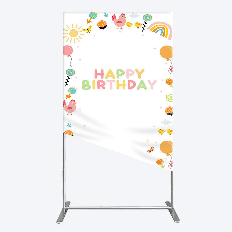 Lofaris Happy Birthday Rectangle Backdrop for Kids Cute Farm Friends with Chicken and Chicks Sunshine Rainbow Party Prop