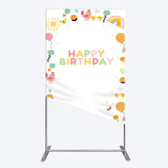 Lofaris Happy Birthday Rectangle Backdrop for Kids Cute Farm Friends with Chicken and Chicks Sunshine Rainbow Party Prop