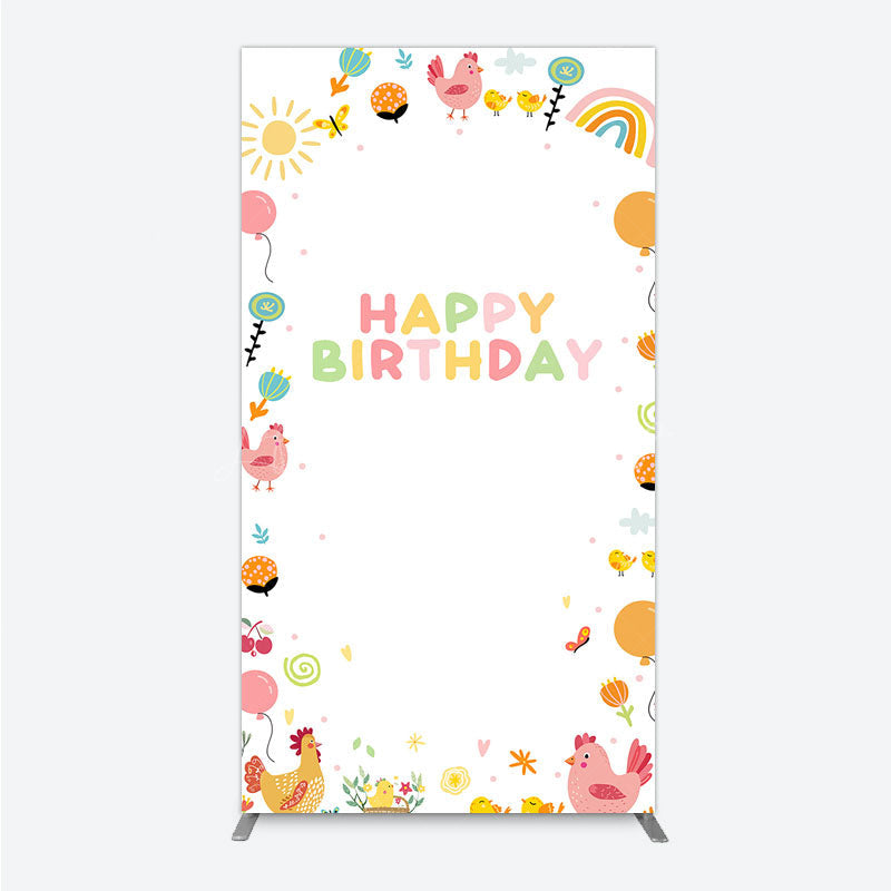 Lofaris Happy Birthday Rectangle Backdrop for Kids Cute Farm Friends with Chicken and Chicks Sunshine Rainbow Party Prop