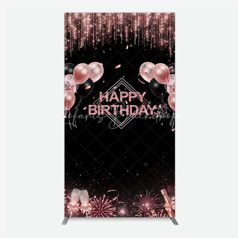 Lofaris Happy Birthday Rectangle Backdrop Rose Gold Balloons Black Glitter Champagne Decor