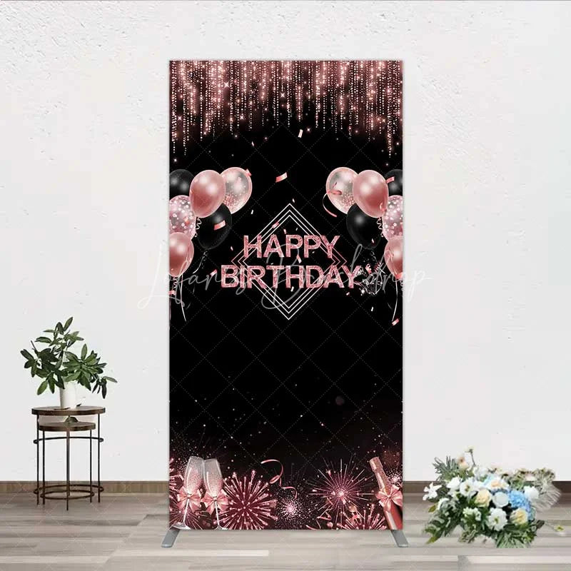 Lofaris Happy Birthday Rectangle Backdrop Rose Gold Balloons Black Glitter Champagne Decor