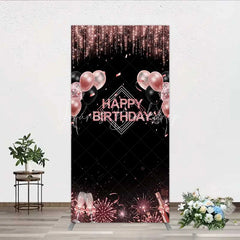 Lofaris Happy Birthday Rectangle Backdrop Rose Gold Balloons Black Glitter Champagne Decor