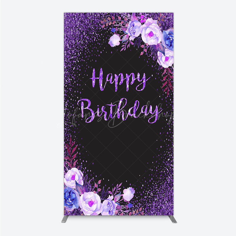 Lofaris Happy Birthday Rectangle Backdrop for Women Black and Purple Glitter with Floral Elegant Milestone Party Photo Prop