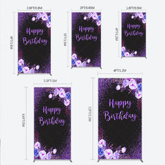 Lofaris Happy Birthday Rectangle Backdrop for Women Black and Purple Glitter with Floral Elegant Milestone Party Photo Prop