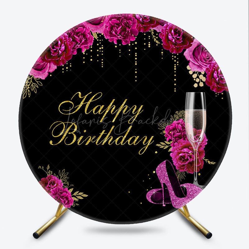 Lofaris Happy Birthday Round Backdrop for Her Black and Magenta with Floral Champagne Elegant High Heels Party
