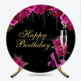 Lofaris Happy Birthday Round Backdrop for Her Black and Magenta with Floral Champagne Elegant High Heels Party
