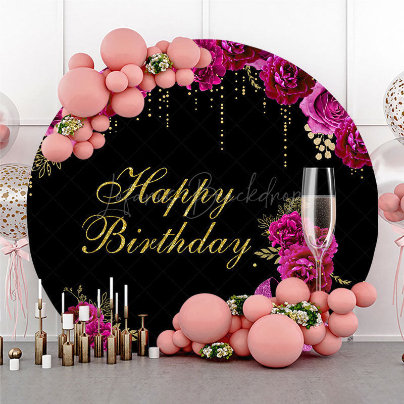 Lofaris Happy Birthday Round Backdrop for Her Black and Magenta with Floral Champagne Elegant High Heels Party