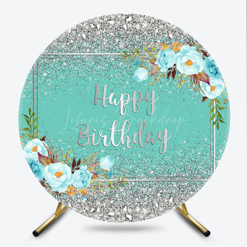 Lofaris Happy Birthday Round Backdrop for Her Silver Glitter and Tiffany Blue Elegant Floral Themed Party Photo Prop