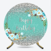 Lofaris Happy Birthday Round Backdrop for Her Silver Glitter and Tiffany Blue Elegant Floral Themed Party Photo Prop
