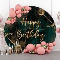 Lofaris Happy Birthday Round Backdrop in Emerald Green and Gold Elegant Marble Texture Modern Party Photo Booth Decor