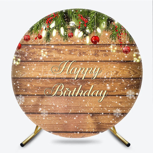 Lofaris Happy Birthday Round Backdrop Rustic Wood Winter Snow Pine Christmas Light